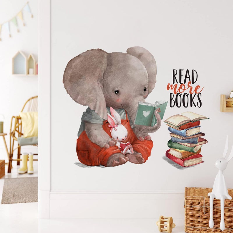 Mfault Inspirational Elephant Bunny Read More Books Wall Decals Stickers  Motivational Rabbit Animals Nursery Decorations Classroom Bedroom Art  Watercolor Neutral Toddler Kids Room Home Decor Gift - Image 1